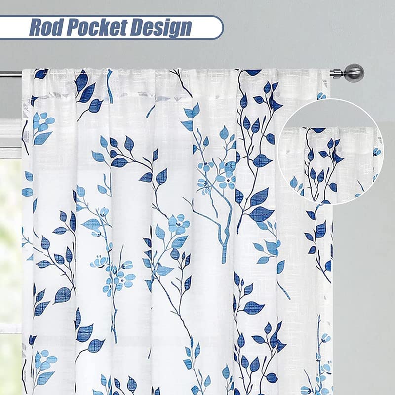 Rich Natural Linen curtains - Printed floral curtains- Semi-transparent - Road Pocket grommets for living room, bedroom, kitchens, 1 piece