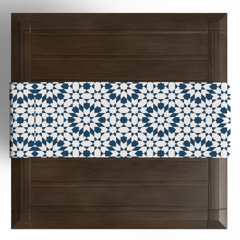 Ramadan's Unique Topaz Velvet Runner in White & Blue, a 35x140 cm Decorative Centerpiece with an Elegant Pattern, perfect for adding a Festive Touch to your Ramadan or Eid Dining Decor
