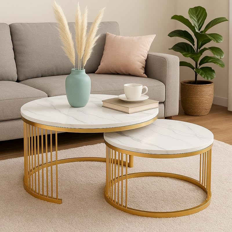 Nesting Coffee Tables, Faux Marble and Gold Elegance, Set of 2 Round Tables with Metal Base, 65x65x45 cm, Space-Saving Design for Living Room, Side Tables for Home
