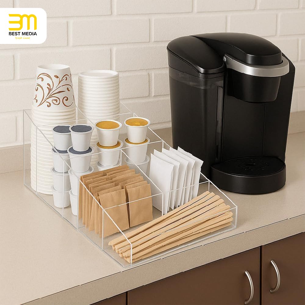 Acrylic Coffee Station Organizer, Clear Breakroom and Kitchen Storage for Cups Lids Sugar Tea Stirrers, 7 Compartments, 37.3 x 20.5 x 19.8 cm, Polished Edges Transparent Design