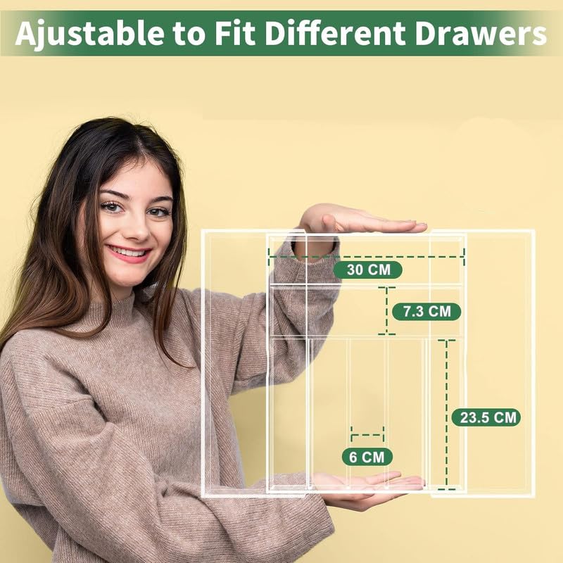 Clear Acrylic Expandable Drawer Organizer, Adjustable Cutlery Tray for Flatware Utensils and Supplies, 53.3 cm Wide, 7 Compartments with Sliding Sides for Kitchen Office or Bathroom Use