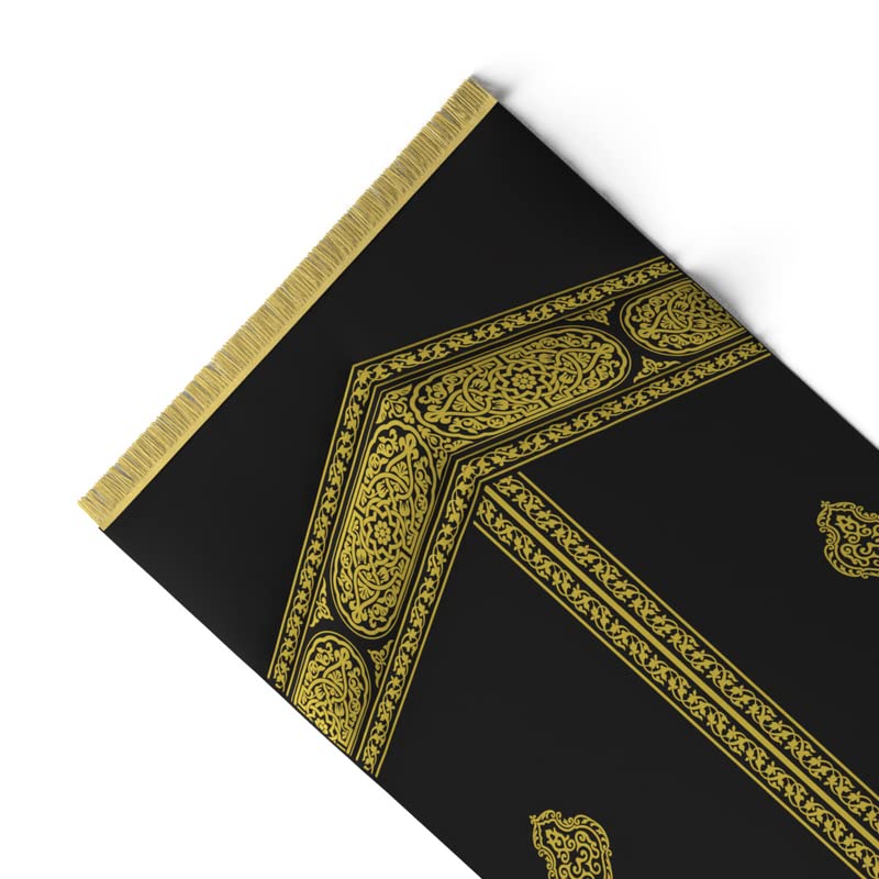 Velvet Padded Prayer Mat in Gold & Black, 68x117 cm, a premium rug with a unique Mecca design and soft cushioning for a comfortable and spiritually uplifting prayer experience