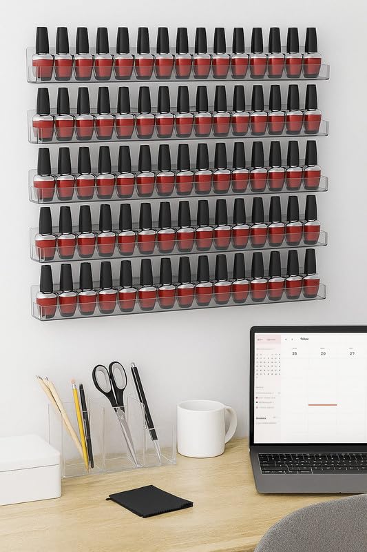 6 Pack Wall Mounted Nail Polish Racks – 38.1 cm Clear Acrylic Floating Shelves, Display Organizer for 72 Bottles, Professional Storage for Nail Techs and Salons