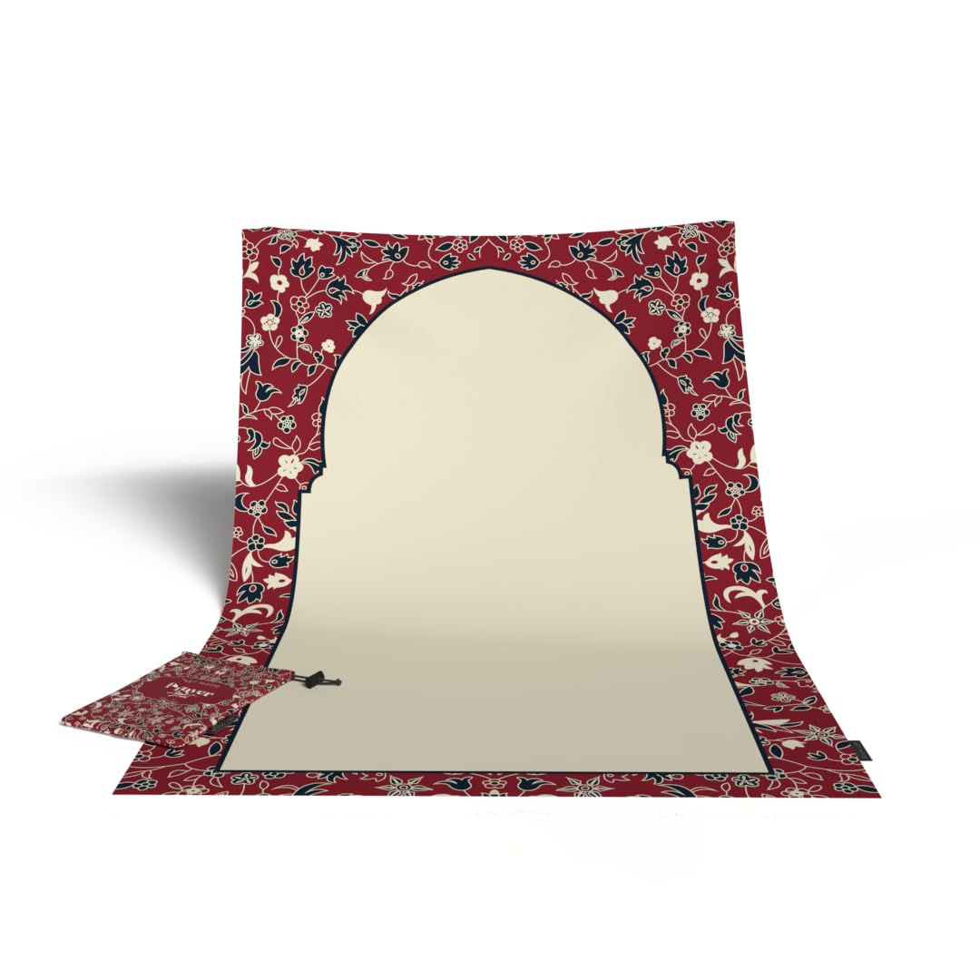 Al-Rawda Portable Prayer Mat, a Waterproof and Lightweight Travel-Friendly Rug that fits in your Pocket, Red, Durable and Comfortable for Outdoor and Indoor Use, Ensures a Clean Space for Salah