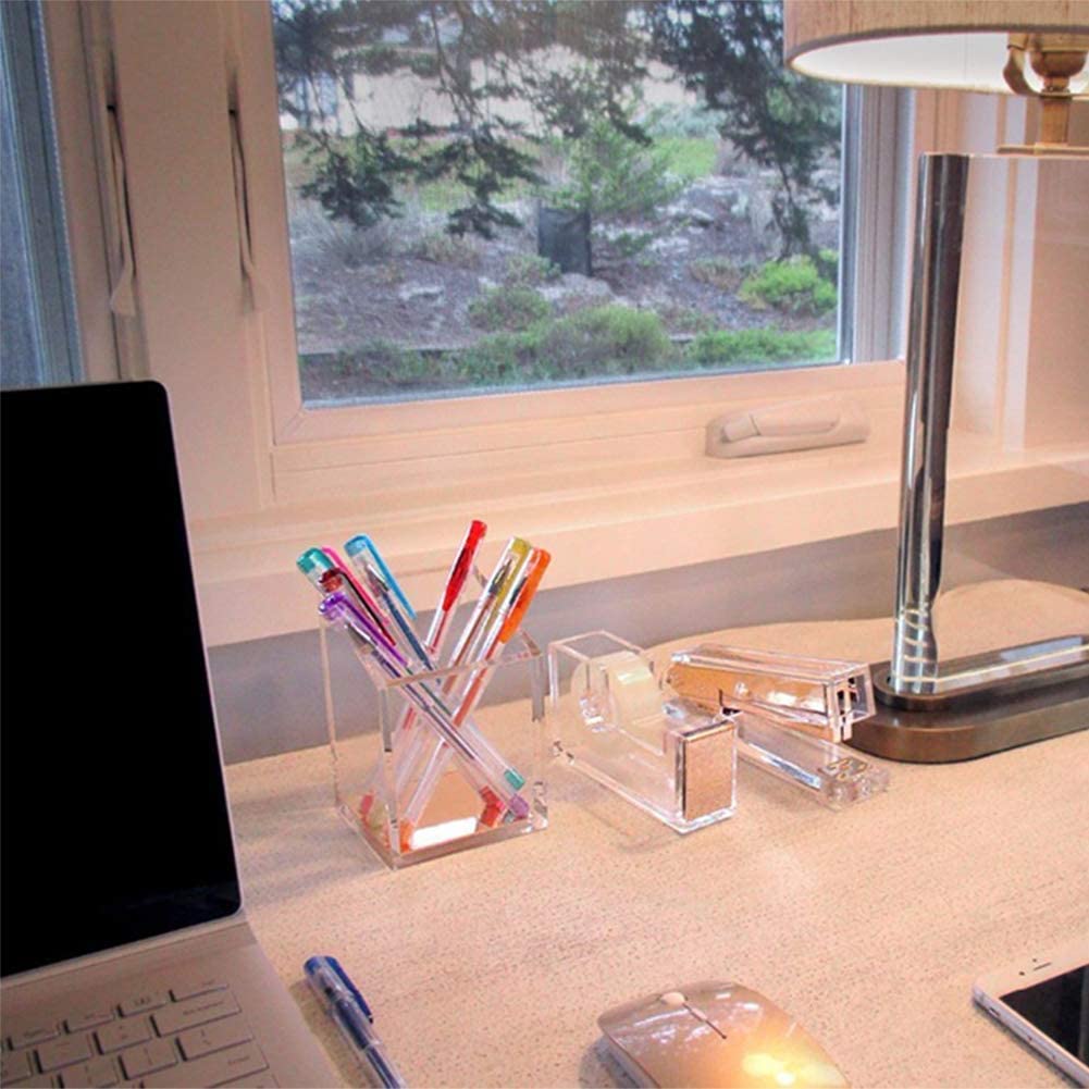 Acrylic Pen Holder, Clear Pencil and Makeup Brush Organizer, Desk Pot for Stationery and Office Supplies, Suitable for Office Desk, School and Home Use, 6.5 x 6.5 x 10 cm, Clear