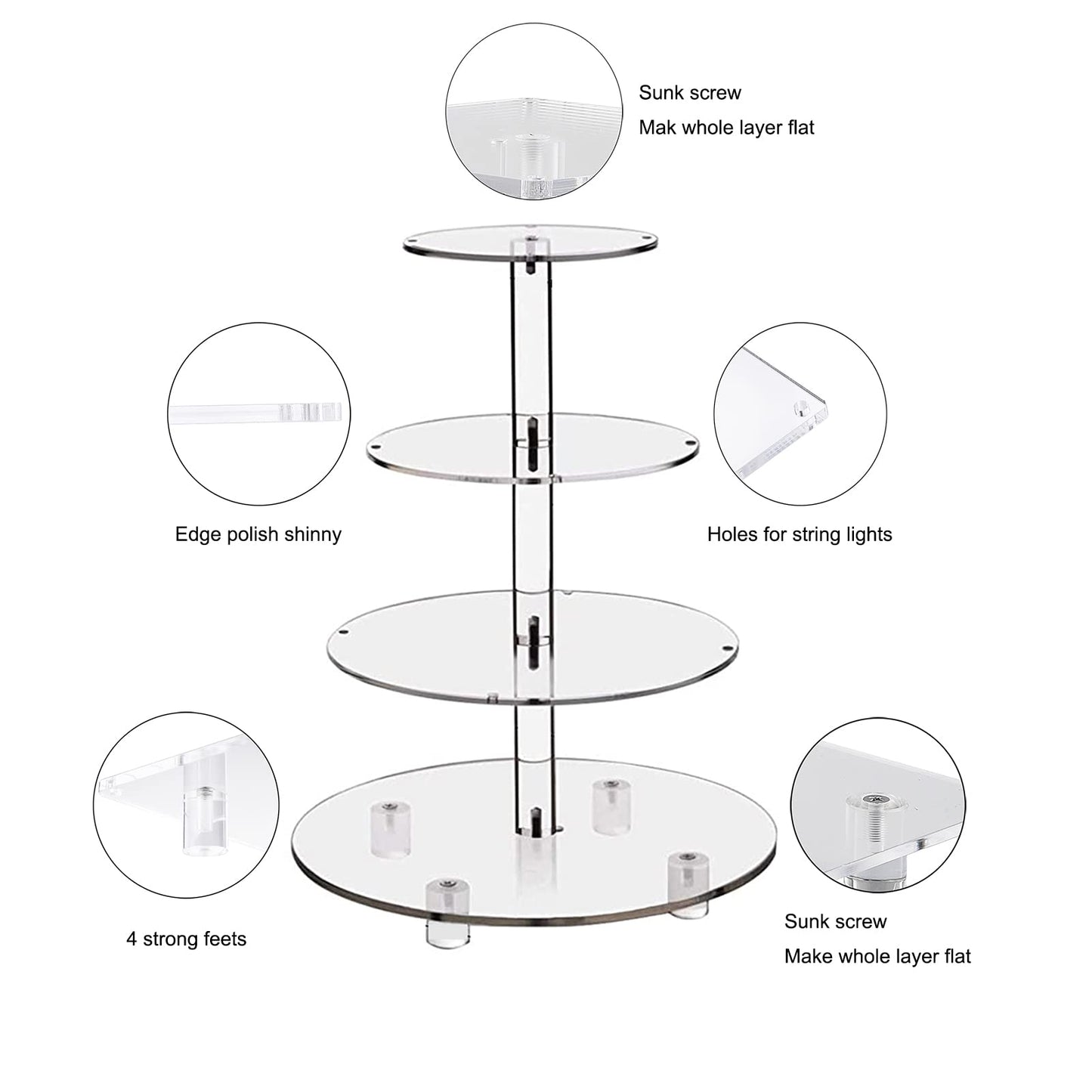 Acrylic Cupcake Stand, 4 Tier Round Display Tower with LED Light String, for Weddings, Birthday Parties, Dessert Tables, Pastry and Cake Display, 30 cm Height, Clear with Yellow Light