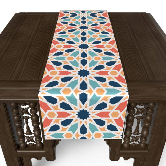 Arabesque Velvet Table Runner, a luxurious multicolor 35x140 cm table linen with an intricate Islamic pattern, an elegant centerpiece for dining tables, consoles, or festive events