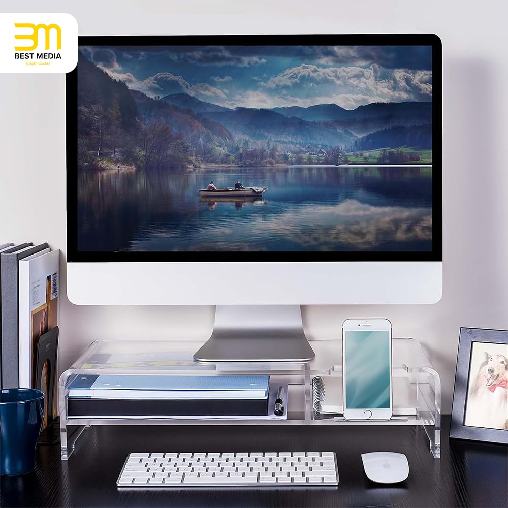 Clear Acrylic Monitor Stand Riser with 2 Tiers and Phone Holder, 50.8 x 20.3 x 11.4 cm Desktop Organizer Shelf for Laptop Printer or Screen, Ergonomic Display Stand for Home or Office