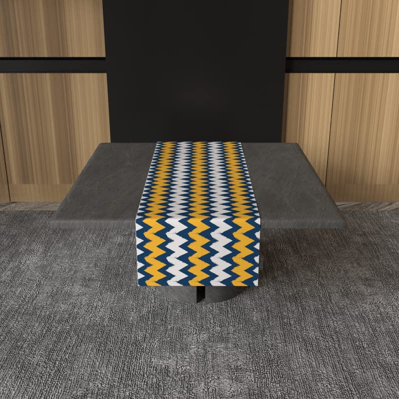 June Zigzag Velvet Table Runner, a Plush Multicolor 35x140 cm Decorative Centerpiece with a Chic and Lively Chevron Design, combines a Classic Pattern with a Luxurious Feel