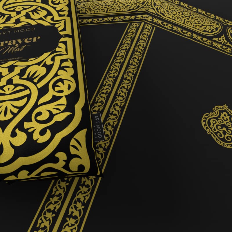 Velvet Padded Prayer Mat in Gold & Black, 68x117 cm, a premium rug with a unique Mecca design and soft cushioning for a comfortable and spiritually uplifting prayer experience