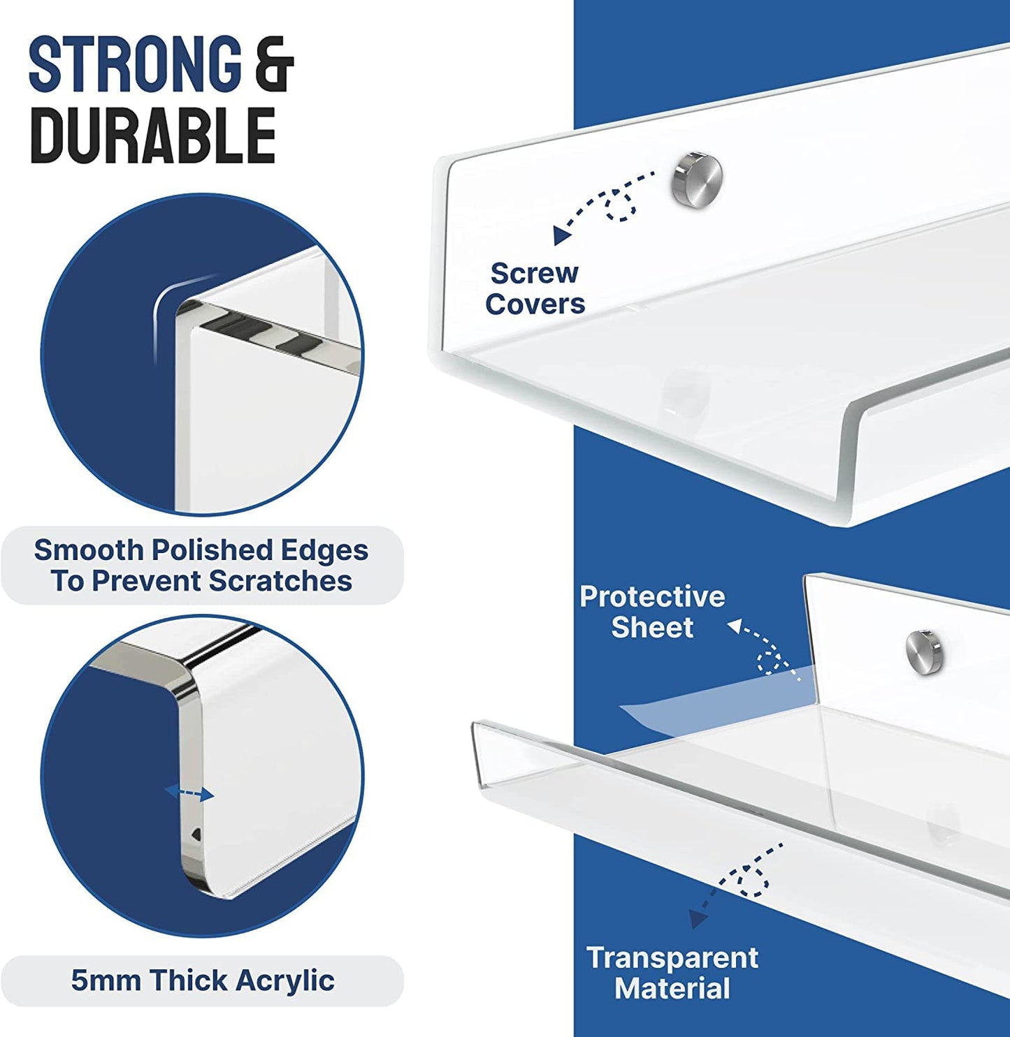 3-Piece Clear Acrylic Wall Shelves, Invisible Floating Bookshelves with Hidden Screws and Mounting Kit, Decorative Storage for Room Bathroom or Kitchen Walls, Sleek Transparent Design
