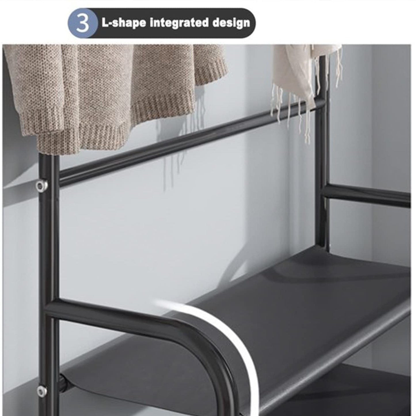 LEOPAX Bench Coat Rack with Shoe Storage, Multifunctional Cloth Stand with Shoe Shelf Organizer with 5-Tier and 8 Hooks for Bedroom, Hallway, Entryway - Size 58 x 23 x 170cm - Metallic Black