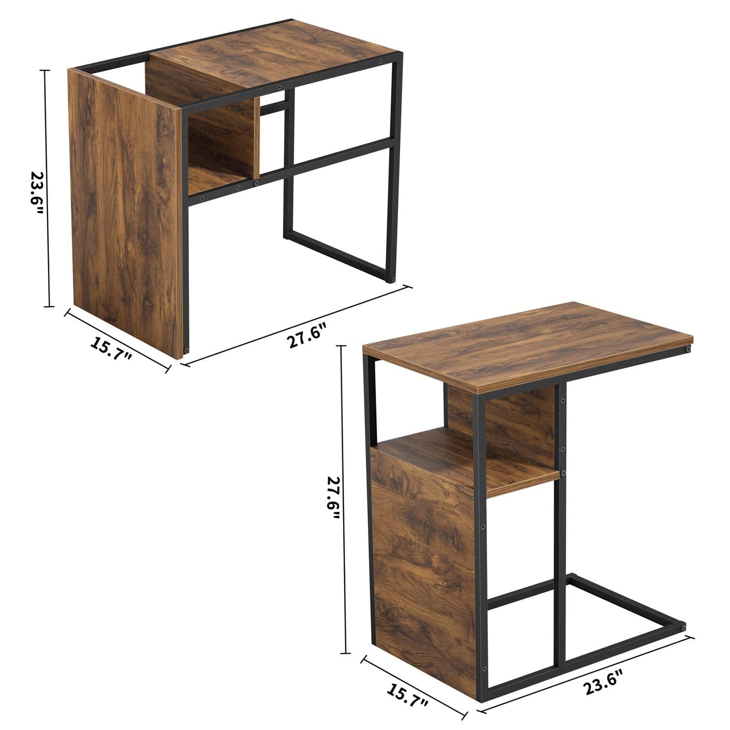 Sofa Side End Table, C Shaped Reversible Table with Wooden Shelf, Side Table for Living Room, Bedroom, Metal Frame Nightstand
