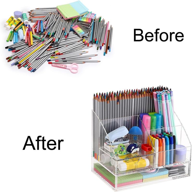 All-in-One Clear Acrylic Office Supplies Organizer, Large Desktop Caddy with 2 Drawers and 7 Compartments for Pens, Paper, and Accessories, Perfect for Home, Office, and Dorm