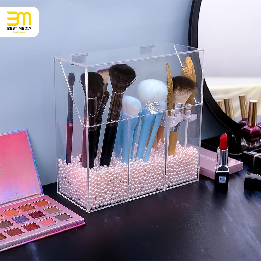 Acrylic Makeup Brush Holder with Lid, 3-Slot Organizer with Decorative Pink Pearls, Clear Protective Storage for Vanity or Bathroom, Heavy-Duty Cosmetics Stand, Elegant Organizer, Clear