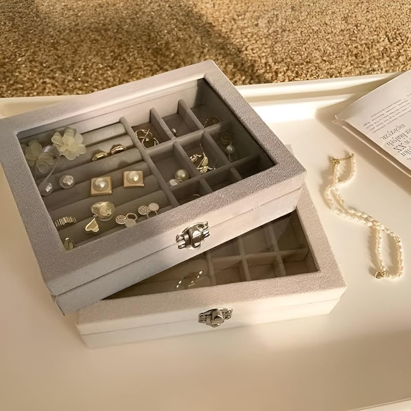 Grey Jewelry Box - Travel Accessories Organizer with Multiple Compartments for Necklaces, Earrings, Rings - Portable Case for Secure Storage, Elegant Design