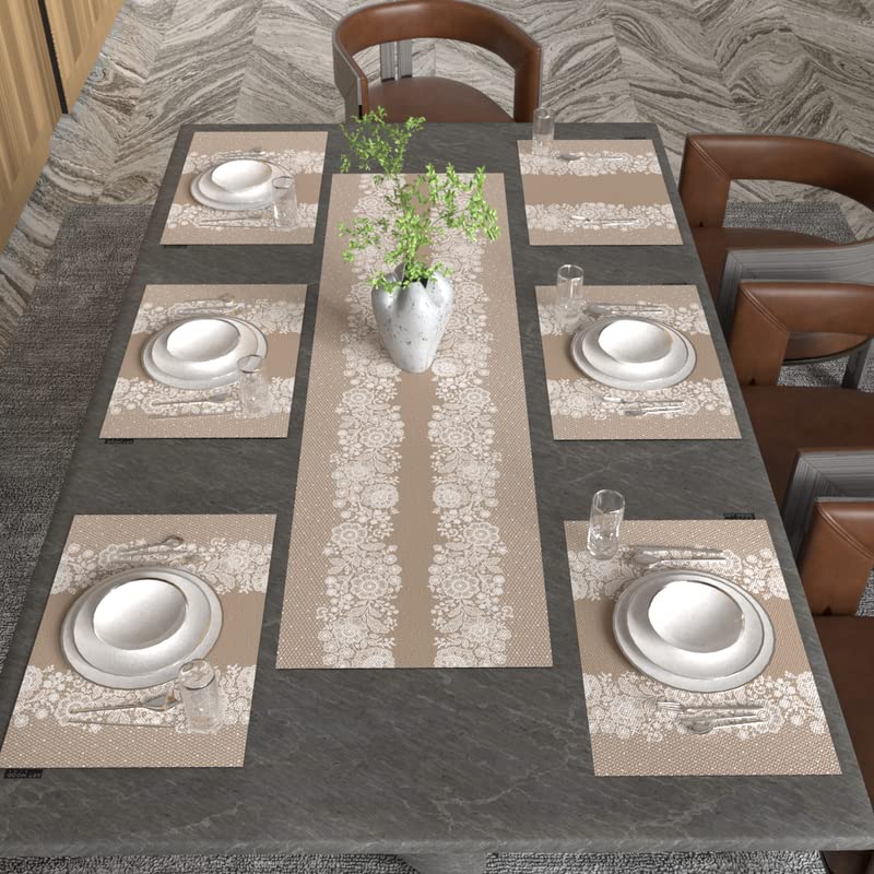Slate Leaf 7-Piece Dining Set, includes 6 Durable Canvas Placemats (45x30 cm) and 1 Table Runner (35x140 cm), Beige & Blue, a Geometric Design to Protect and Style your Table