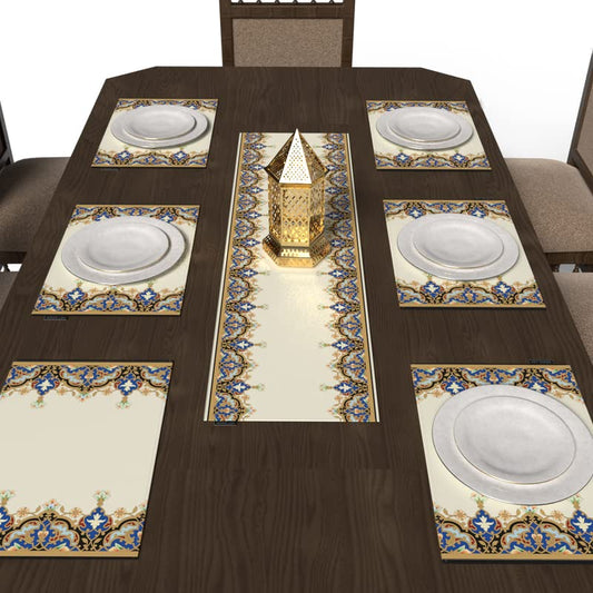 Taj 7-Piece Dining Linens Set, includes 6 multicolor canvas placemats (45x30 cm) and 1 table runner (35x140 cm), with a regal Islamic design for a majestic and festive tablescape