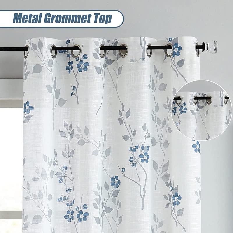 Rich Natural Linen curtains - Printed floral curtains- Semi-transparent - Steel grommets for living room, bedroom, kitchens, 1 piece
