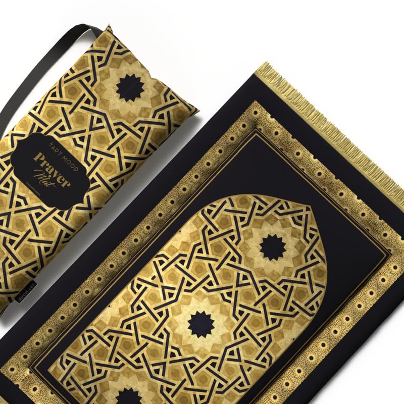 Padded Velvet Prayer Rug for Kids, a soft mat in Gold and Black, 57x95 cm, designed with a classic pattern to provide a comfortable and special place for a child's daily prayers