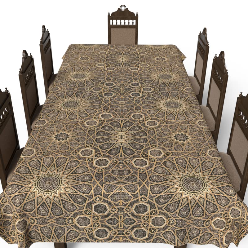 Islamic Diwan Waterproof Tablecloth, a Multicolor 140x300 cm Rectangular Table Cover of Spillproof Polyester with a Traditional Pattern, a Durable Protector for Elegant Dining Occasions