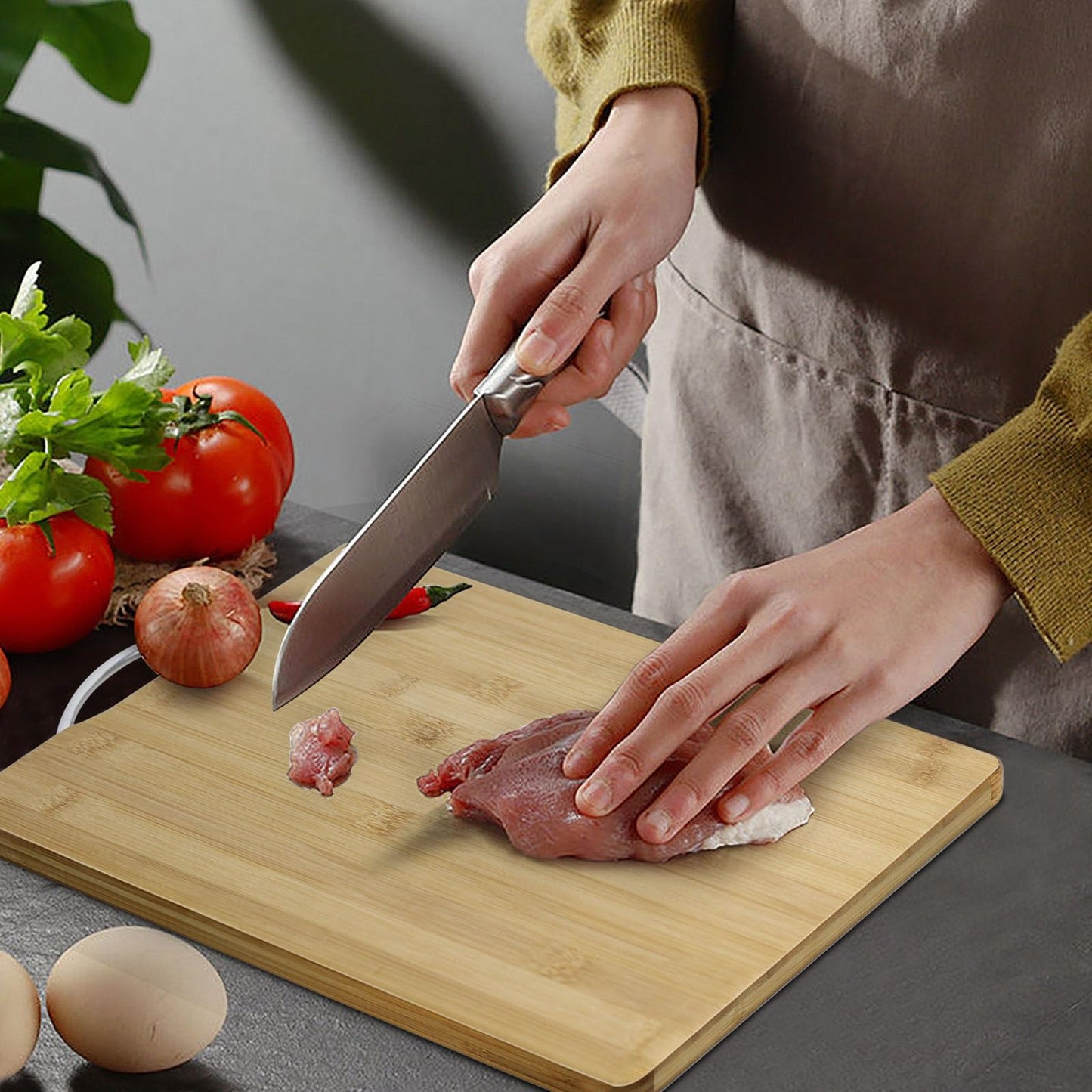 SKY-TOUCH Bamboo Wood Cutting Boards Set of 3, Small, Medium, Large,Set,Serving Board with Easy-Grip Handle,Non-Slip Wooden Double-Side Using for Meat, Cheese, Fruits & Bread
