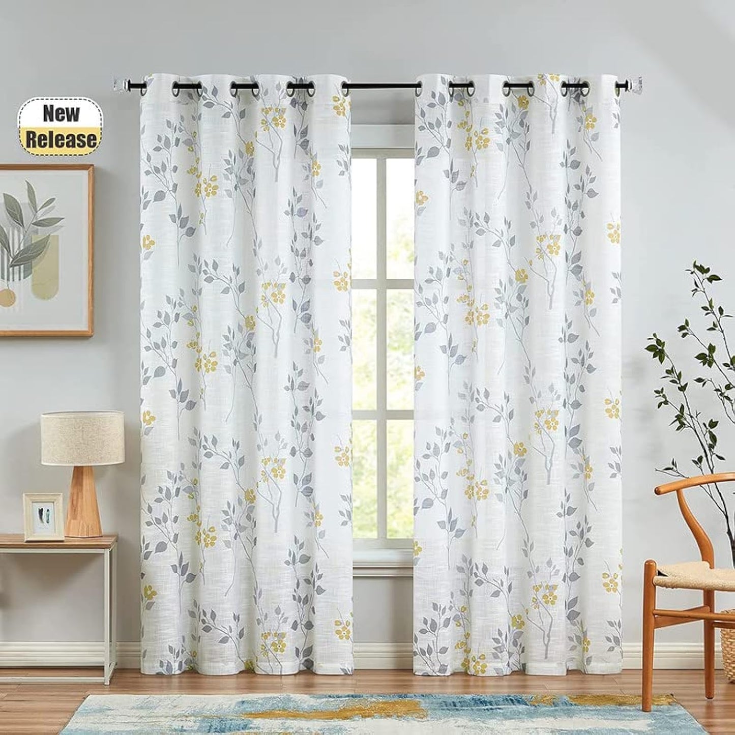 Rich Natural Linen curtains - Printed floral curtains- Semi-transparent - Steel grommets for living room, bedroom, kitchens, 1 piece