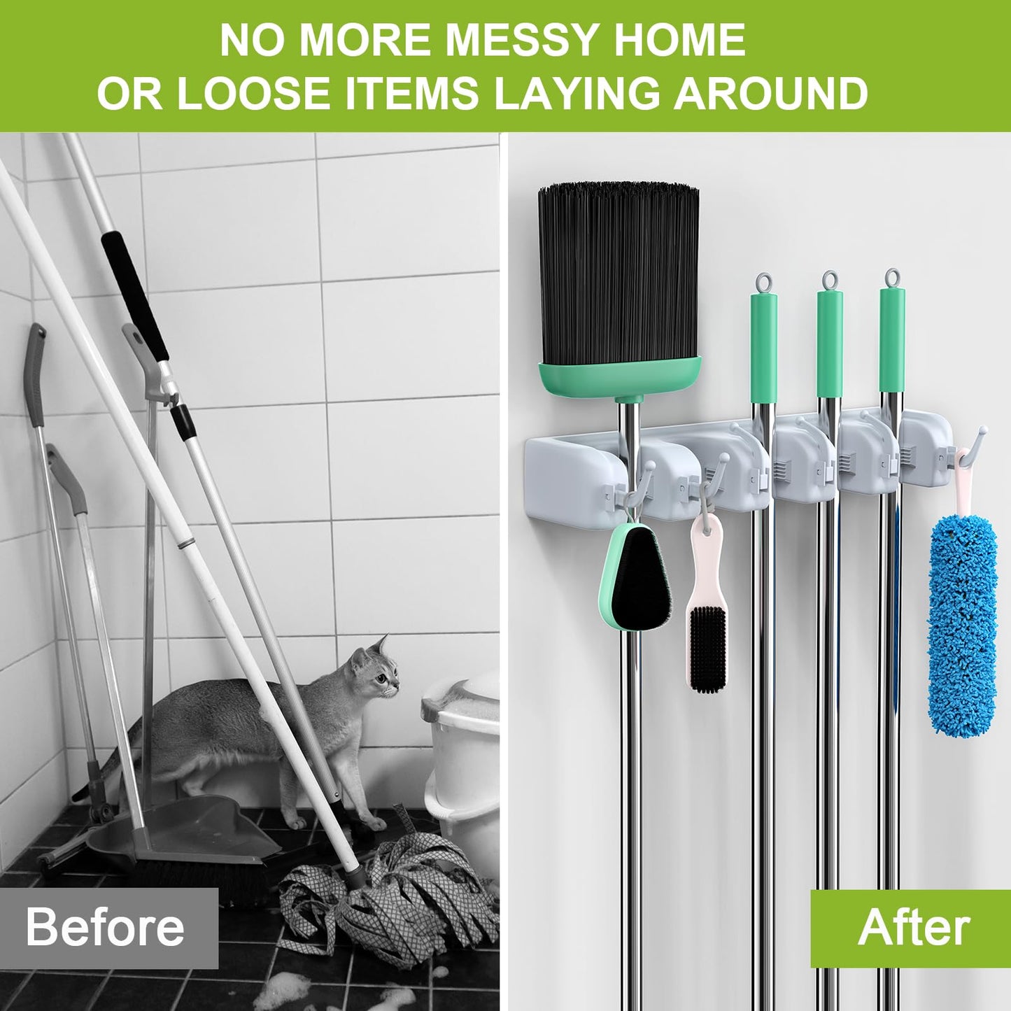 Wall Holder, Wall Mounted Mop and Broom Hanger Holder, Garage Storage Rack, Garden Tool Organizer, 5 Position 6 Hooks, Space-Saving Organizer for Home, Kitchen, Bathroom, Laundry Room