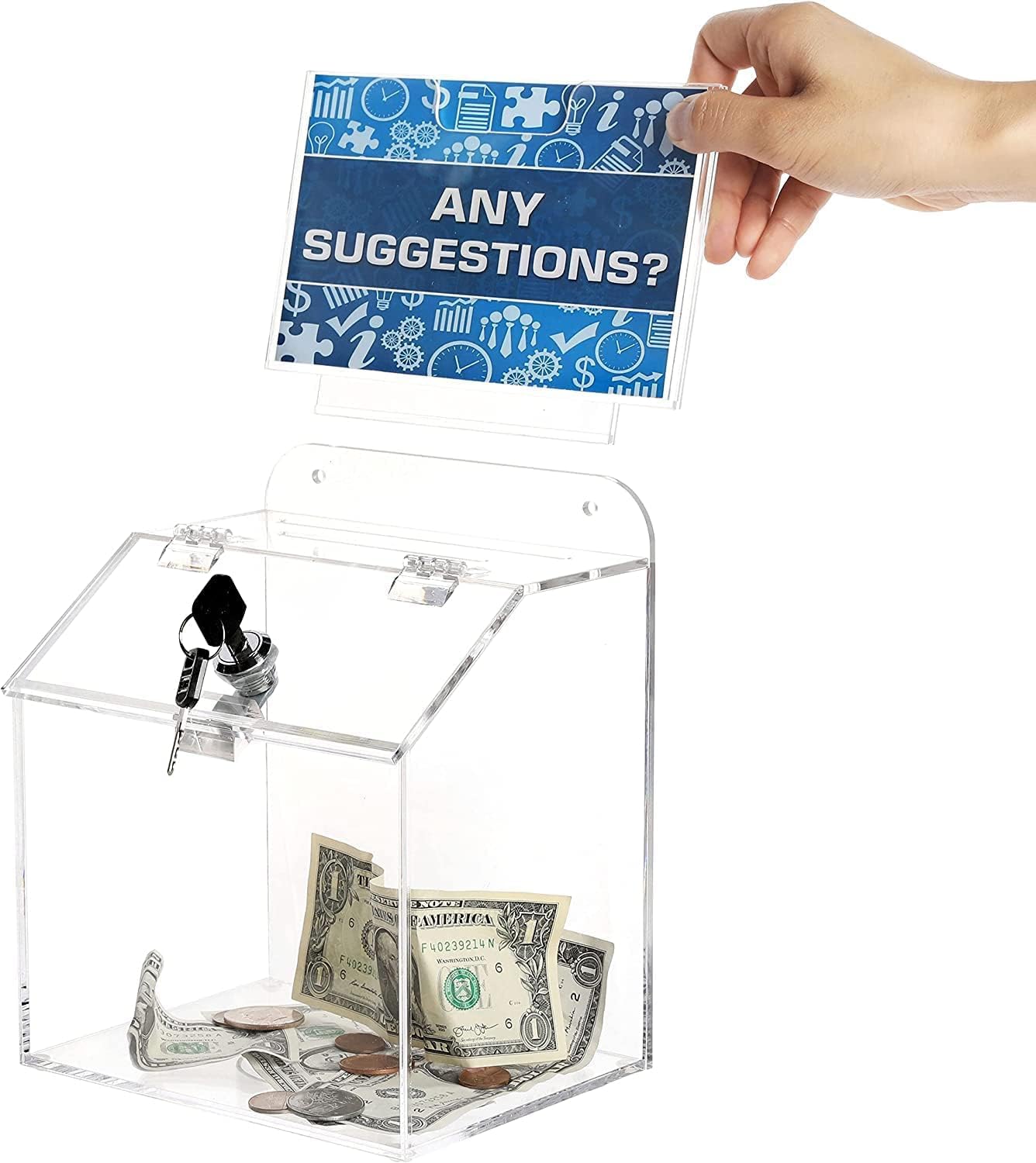 Clear Acrylic Donation Box with Lock and Key, 18 x 14 x 22 cm, Wall Mounted or Countertop Collection with Chalkboard Sign and Removable Display, Secure Fundraising Tip