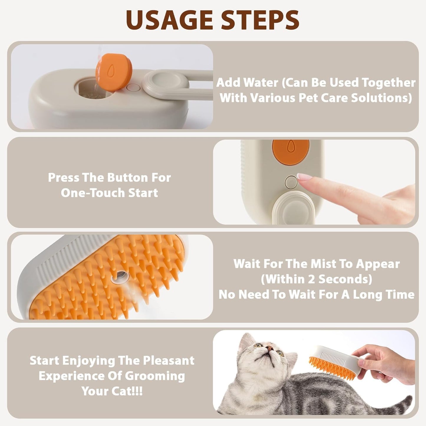 KAFJED Cloud Care Cat Brush, Cloud Care Grooming Brush, Pet Steam Brush Cloud Care Pet Brush,3 in 1 Multifunctional Silicone Steam Brush for Dogs, Multifunctional Cat and Dog Steam Brush (Khaki)