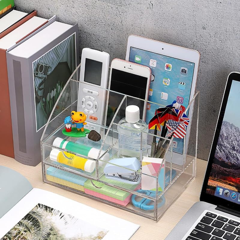 All-in-One Clear Acrylic Office Supplies Organizer, Large Desktop Caddy with 2 Drawers and 7 Compartments for Pens, Paper, and Accessories, Perfect for Home, Office, and Dorm