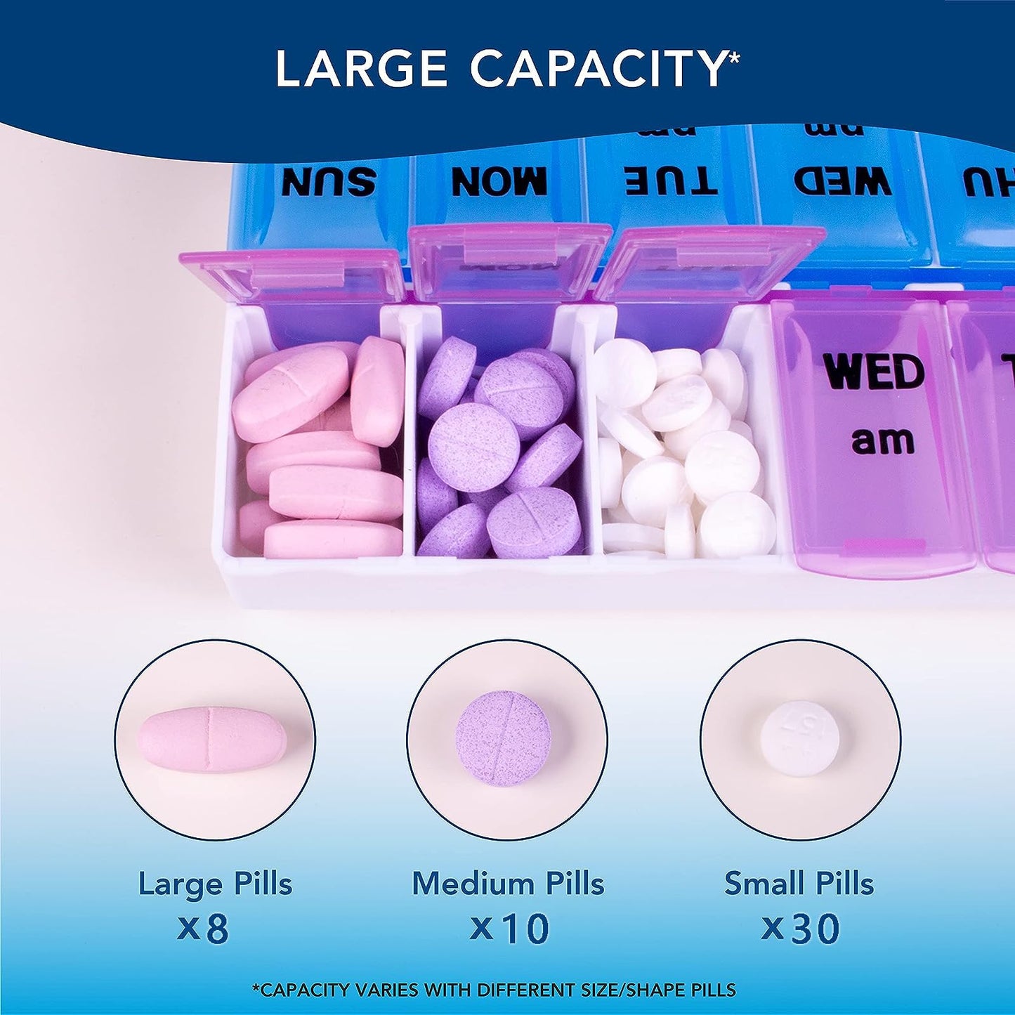 7-Day Morning and Evening Pill Box, Dual-Compartment Mini Medicine Organizer, Portable Tablet Holder with 14 Large Compartments for Daily Pills, Vitamins, Travel-Friendly