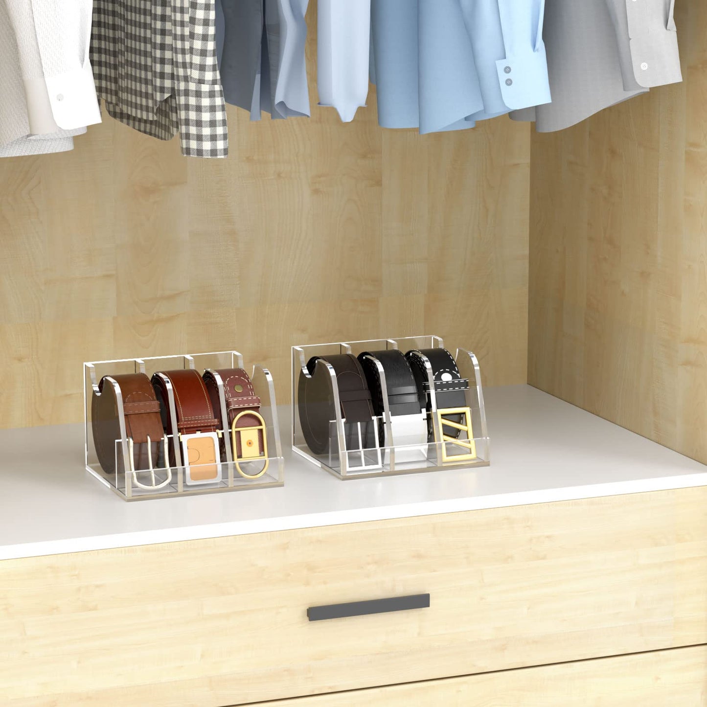 Acrylic Belt Organizer, Clear Belt Storage Holder with 3 Compartments and Display Stand, Perfect for Closet, Drawer and Dresser Organization, Elegant Storage Solution for Belts, Clear