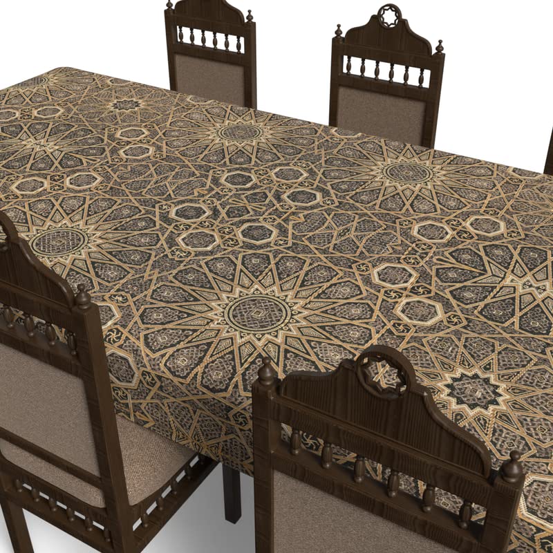 Islamic Diwan Waterproof Tablecloth, a Multicolor 140x300 cm Rectangular Table Cover of Spillproof Polyester with a Traditional Pattern, a Durable Protector for Elegant Dining Occasions
