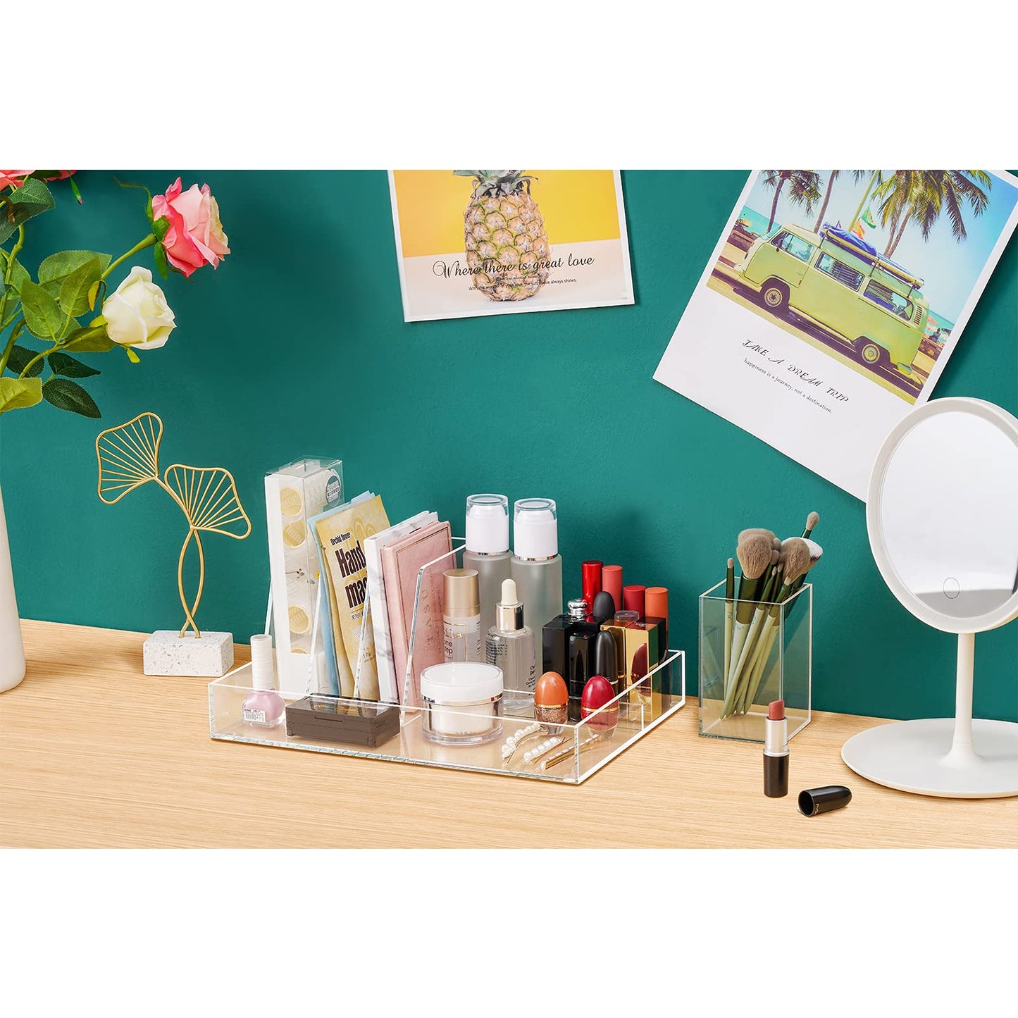 All-in-One Acrylic Desk Organizer Set (2 Pack), Includes a Multi-Functional File Sorter and a Matching Pencil Holder, Clear Office Organizers for Desktop, Magazine, and Pen Storage