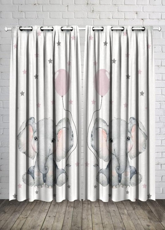 ستارة غرفة الأطفال بتصميم فيل وبالون ونجوم لطفلة - قماش مخملي كتان - للخصوصية - حلقات فولاذية - قطعتان