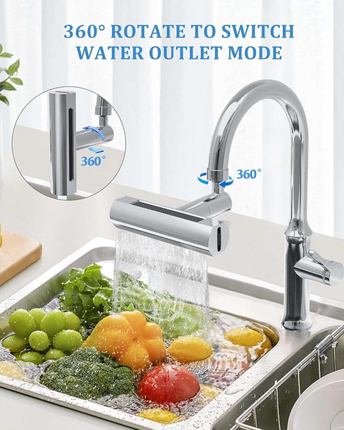 4-in-1 Waterfall Kitchen Faucet – 360° Swivel Faucet Extender for Kitchen Sink, Splash-Proof High Arc Faucet Head Replacement, Ideal for Washing Fruits and Vegetables