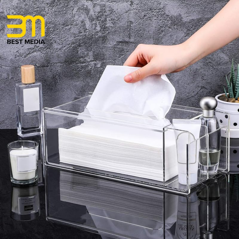Acrylic Tissue Box with Storage, 30x13x10 cm Clear Rectangle Napkin Holder with Side Organizer for Desktop, Bathroom, Vanity or Office Use, Dual Function Tissue Dispenser, Clear