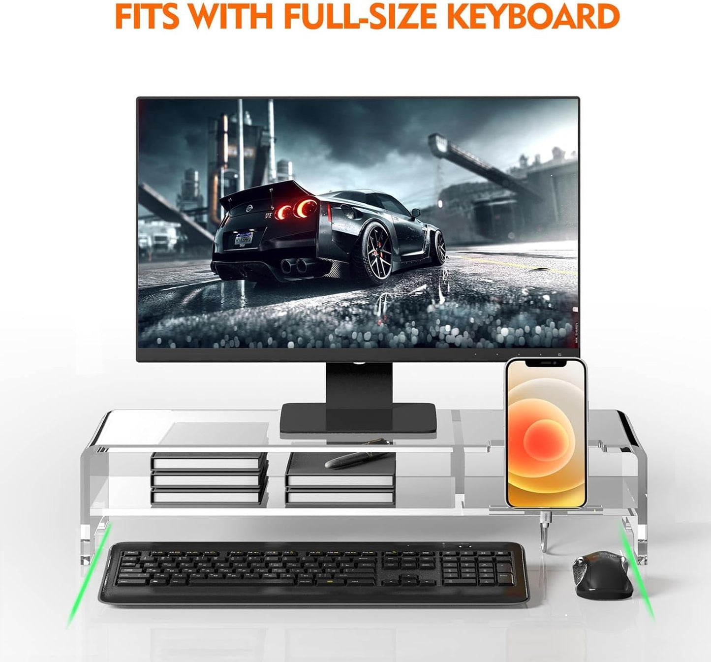 Clear Acrylic Monitor Stand Riser with 2 Tiers and Phone Holder, 50.8 x 20.3 x 11.4 cm Desktop Organizer Shelf for Laptop Printer or Screen, Ergonomic Display Stand for Home or Office