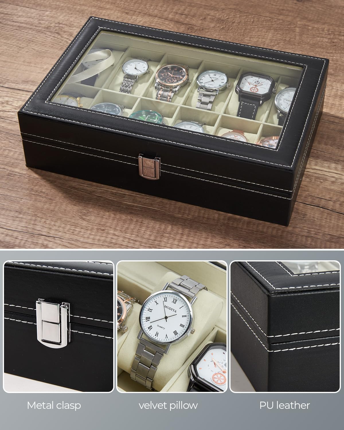 Watch Organizer Case for Men, 12 Slot Watch Box with Real Glass Lid, PU Leather Display Storage, Soft Velvet Interior, Jewelry Holder