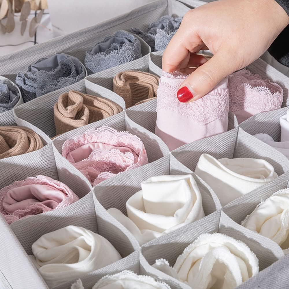 Underwear Drawer and Closet Organizer - Foldable Non-Woven Fabric Storage Boxes for Socks, Scarves, Clothes - Washable Dresser Drawer Divider - Space-Saving & Durable - 4 Pcs, Grey
