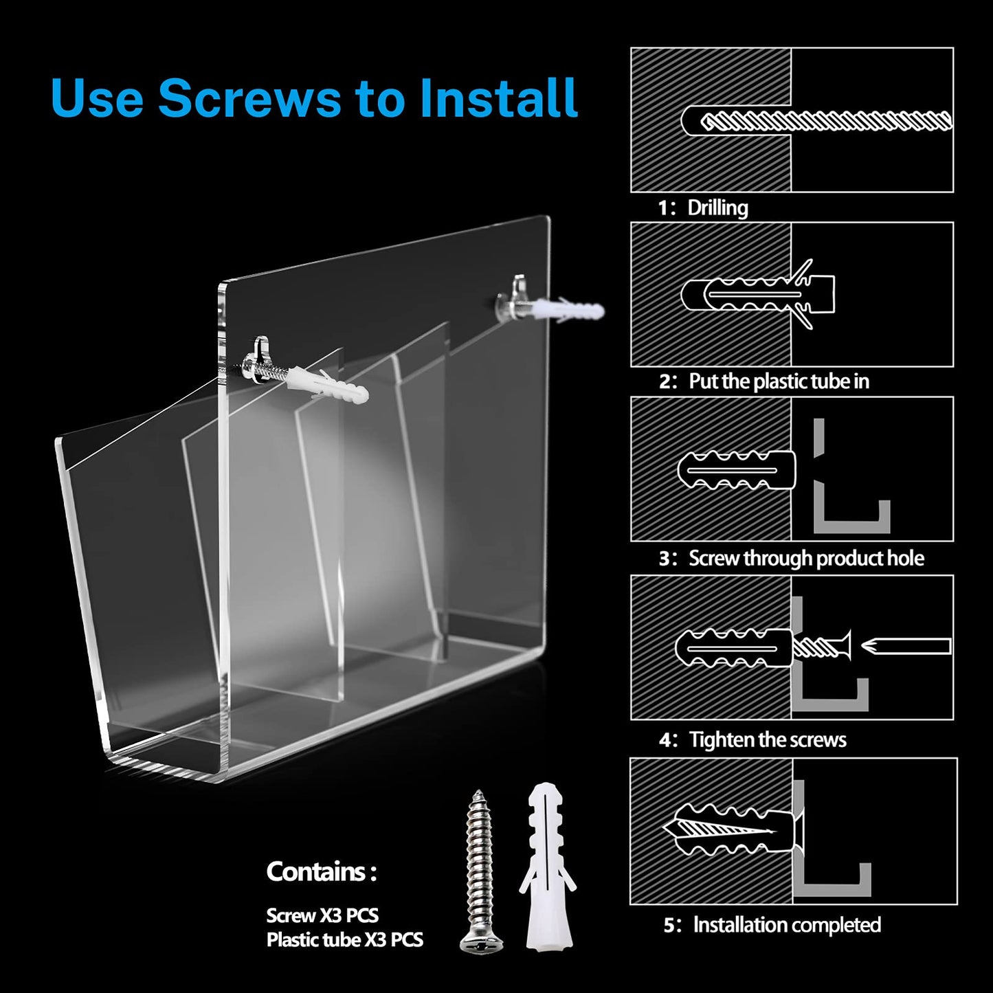 Acrylic Marker Holder, Wall Mounted Organizer with 3 Compartments, for Dry Erase Markers, Whiteboards, Classroom and Office Accessories, Includes Adhesive, Clear