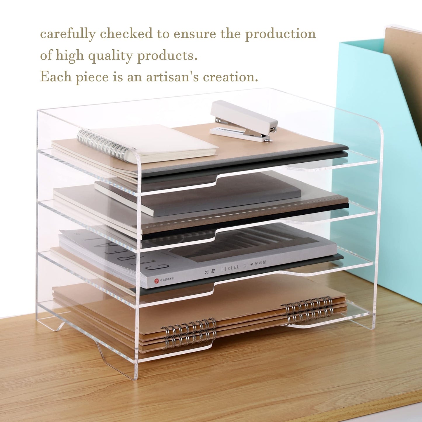 Clear Acrylic Paper Organizer Tray, Enlarged 4-Tier Letter Tray for Desk, Stackable File Storage Organizer for Office Accessories