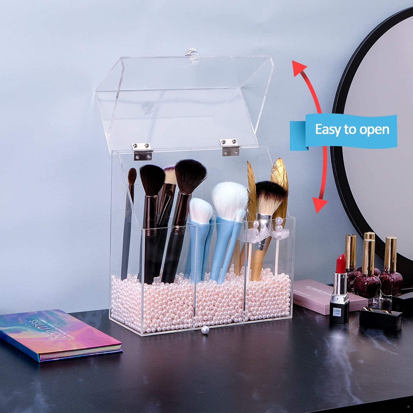 Acrylic Makeup Brush Holder with Lid, 3-Slot Organizer with Decorative Pink Pearls, Clear Protective Storage for Vanity or Bathroom, Heavy-Duty Cosmetics Stand, Elegant Organizer, Clear