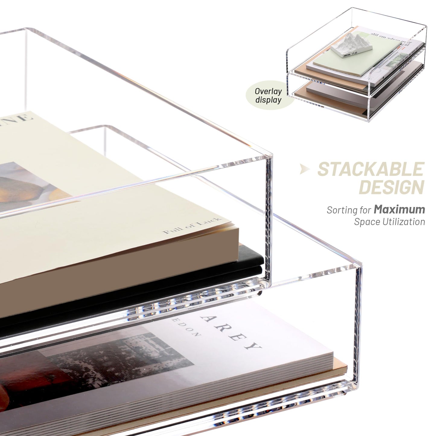 Clear Acrylic Stackable Letter Tray, 2-Pack Paper Organizer and Paper Sorter for Desk, Office, Home, and School