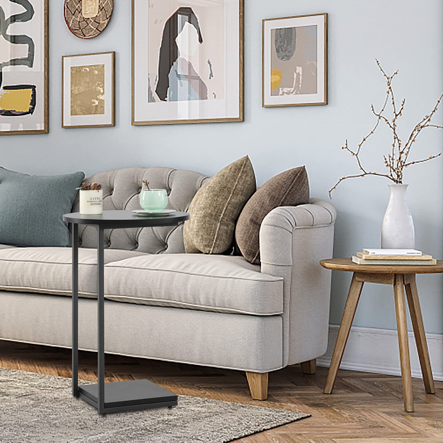 Small End Table,c Table End Table for Sofa,Round Coffee Table is Suitable for Living Room and Bedroom-Black