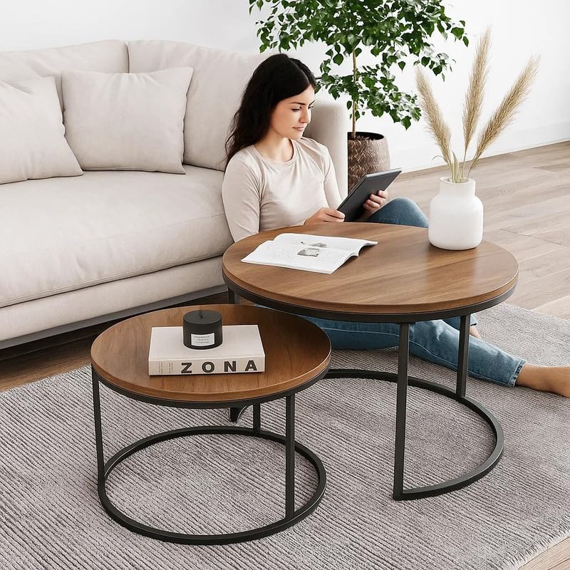 Modern Nesting Coffee Table Set of 2, Round Industrial Wood and Metal Accent Tables, 65x65x45 cm, Stackable Design for Living Room, Powder-Coated Steel Frame, Space-Saving Stylish Home Decor
