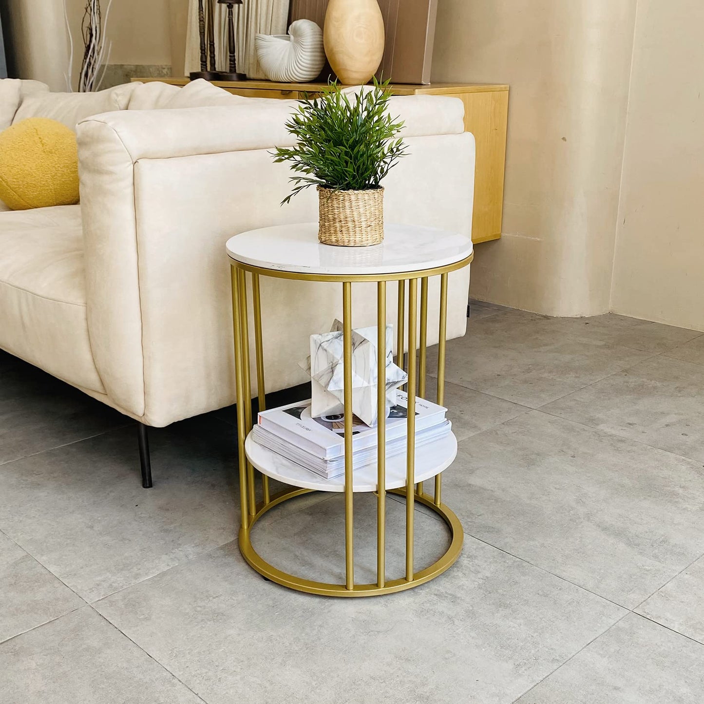 2-Tier Round Faux Marble Side Table, Modern Sofa Table with Black Iron Frame, Luxury Coffee Table for Living Room, Bedroom, or Office – 40D x 40W x 54H CM