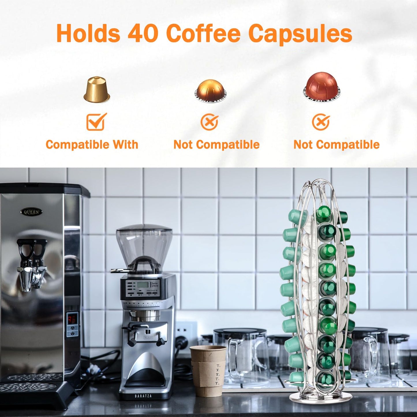 Rotatable Capsule Holder for 40 Coffee Pods, Space-Saving Coffee Capsule Stand, Durable 360° Rotating Coffee Pods Storage Rack, Elegant Design for Home or Office