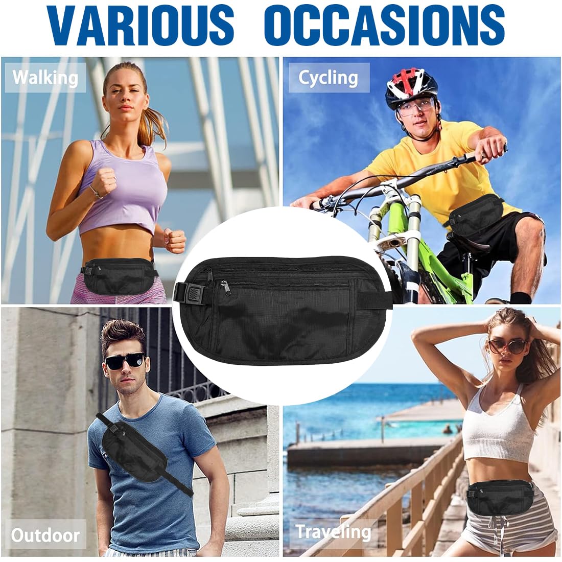WKRTDY 1 x Flat Waterproof Bum Bag with RFID Protection, Anti-Theft Security and Sports Belt, Ideal as a Men's or Women's Wallet, Waist Bag or Neck Pouch